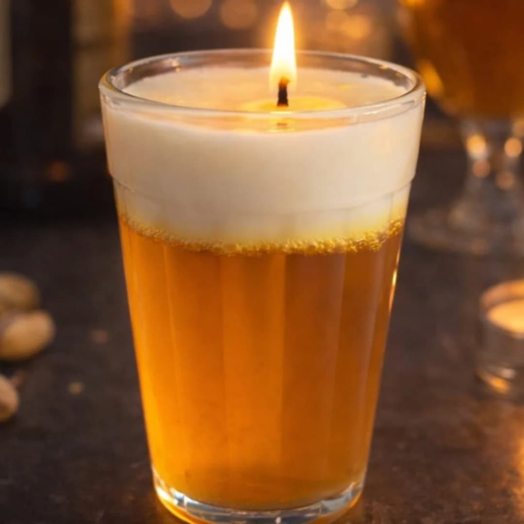 Vela Cervejinha: vela acesa em copo americano, imitando cerveja com espuma