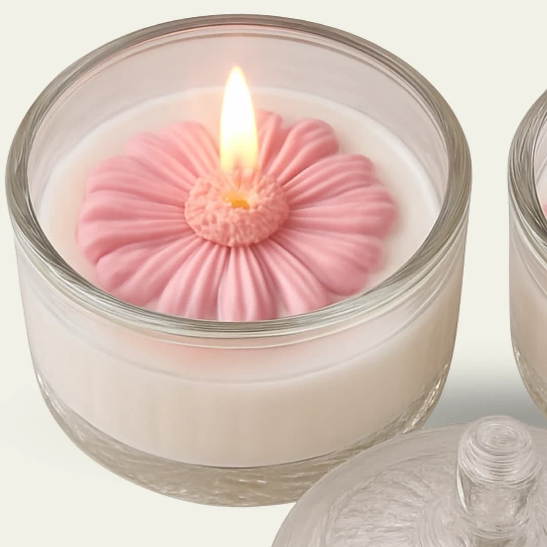 Vela Crisântemo Rosa: crisântemo de cera rosa aceso em pote de vidro circular, com a tampa de vidro ao lado