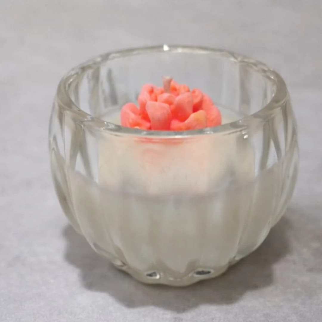 Vela Flor de Cactus: flor de cactus de cera coral em pote de vidro circular