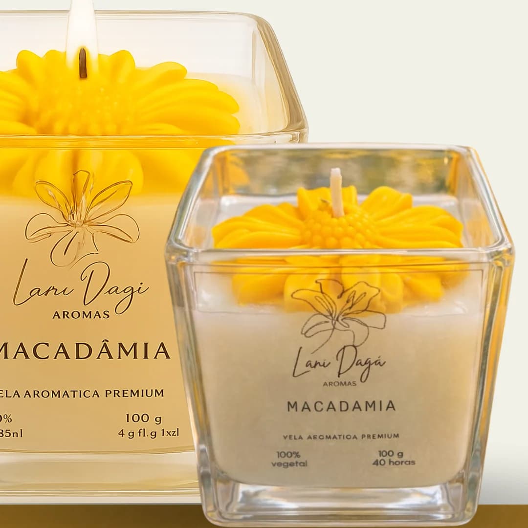 Vela Girassol: velas com girassol de cera amarelo em potes de vidro quadrados