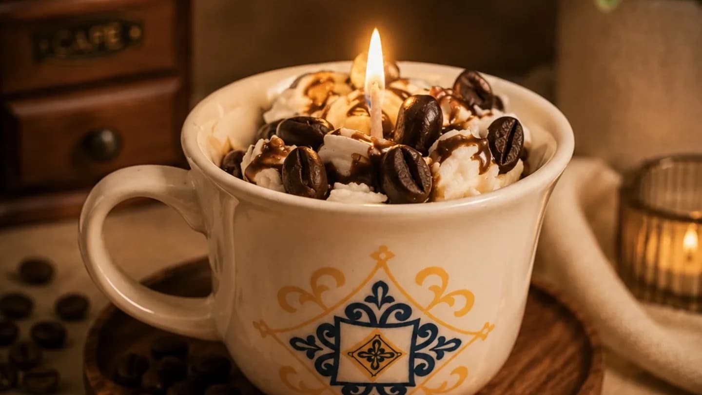 Vela de café em xícara de porcelana decorada, coberta de grãos